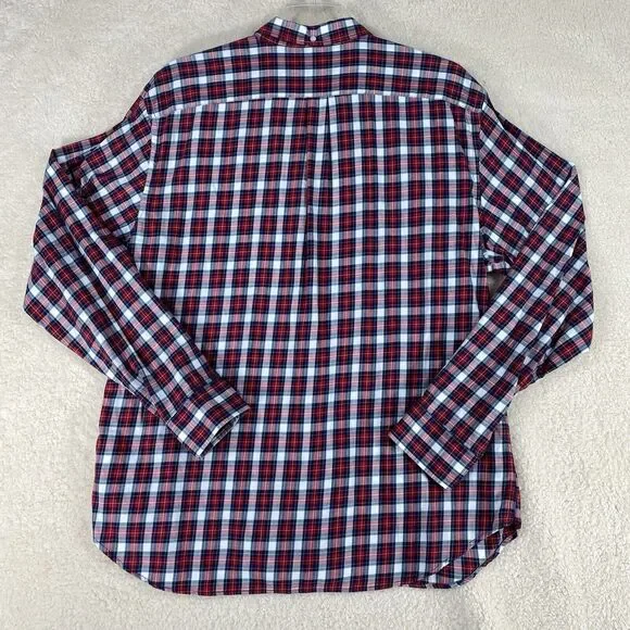 Old Navy Button Down Shirt Men XXL Red White Navy Blue Excellent Slim Fit Plaid - Picture 2 of 13